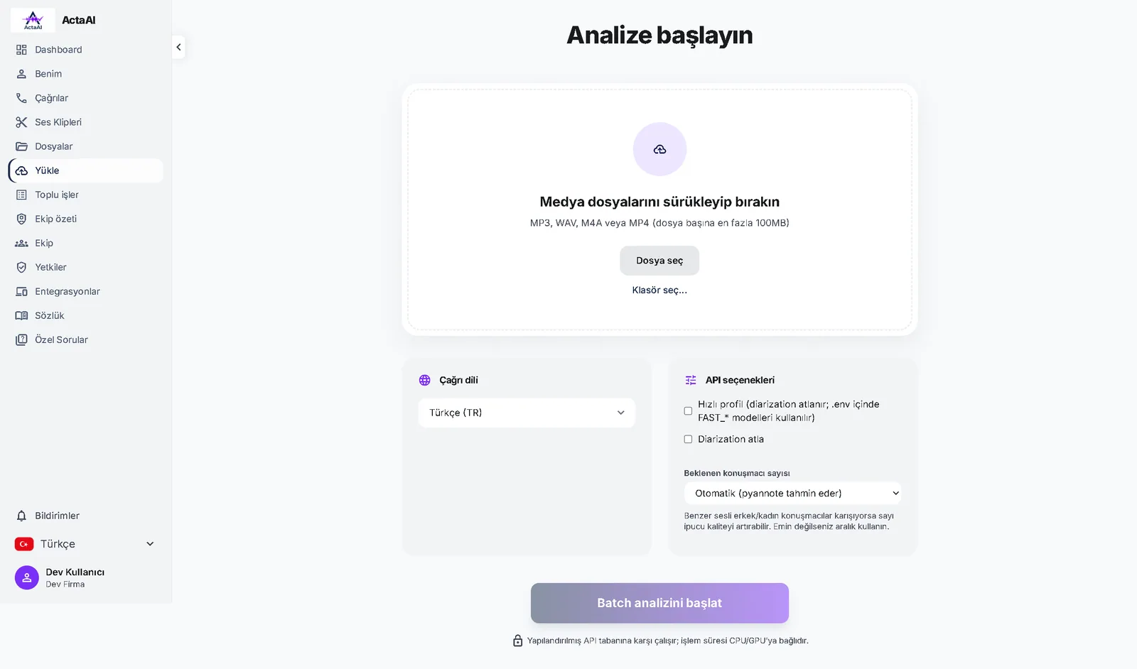 Kayıt yükleme ve analiz