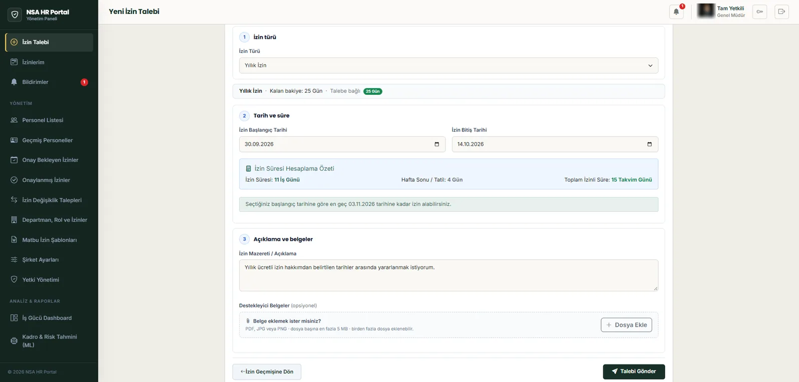 New leave request and duration calculation