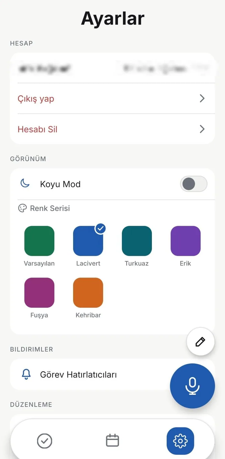 Ayarlar ve tema seçimi