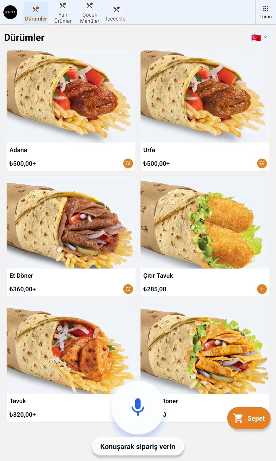 Büyük kartlı menü